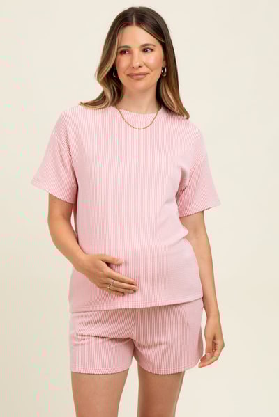 PinkBlush Pink Ribbed Short Sleeve Tee and Short Maternity Set