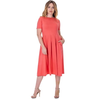 Target 24seven Comfort Apparel Midi Dress with Short Sleeves and Pocket Detail-CORAL-L