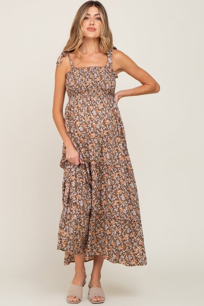 PinkBlush Camel Floral Sleeveless Tiered Maternity Maxi Dress