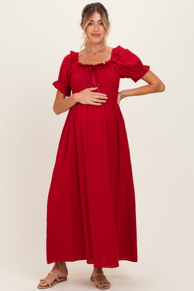 PinkBlush Red Smocked Ruffle Accent Ribbon Tie Maternity Maxi Dress