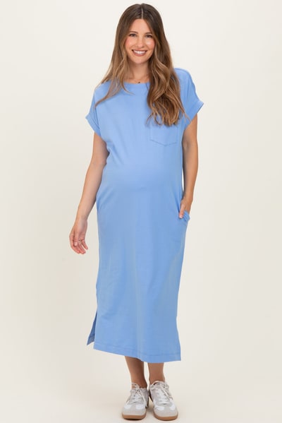 PinkBlush Cornflower Blue Pocket Front Maternity Midi T-Shirt Dress