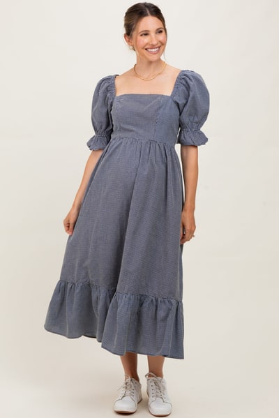 PinkBlush Navy Gingham Square Neck Maternity Midi Dress