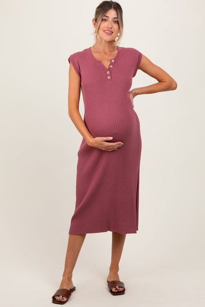 PinkBlush Mauve Ribbed Knit Button Up Sleeveless Maternity Midi Dress
