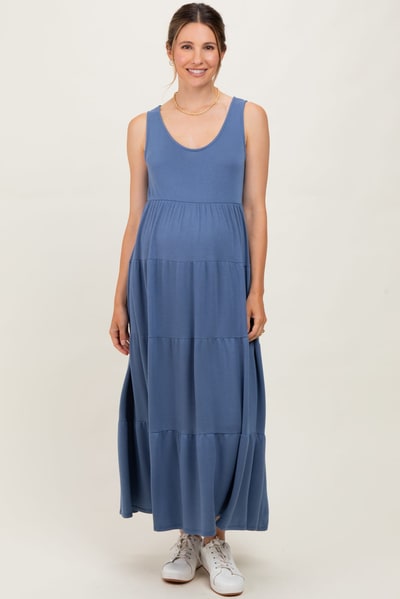 PinkBlush Navy Blue Solid Tiered French Terry Maternity Maxi Dress