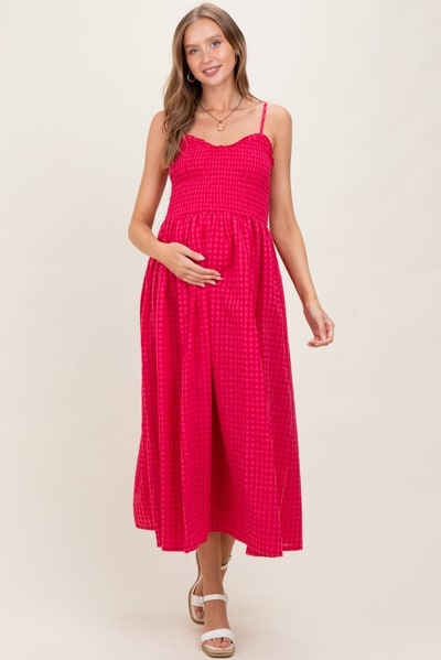 PinkBlush Red Gingham Smocked Ruffle Accent Maternity Maxi Dress