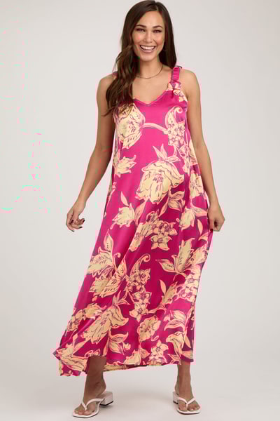PinkBlush Fuchsia Floral Ruched Strap V-Neck Maternity Midi Dress