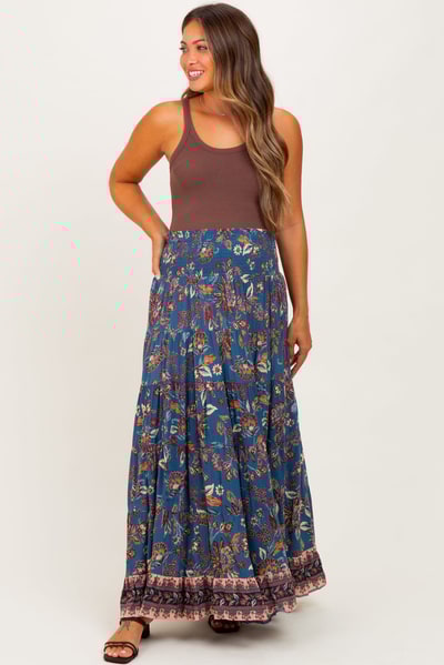 PinkBlush Dark Teal Smocked Waist Tiered Maternity Maxi Skirt