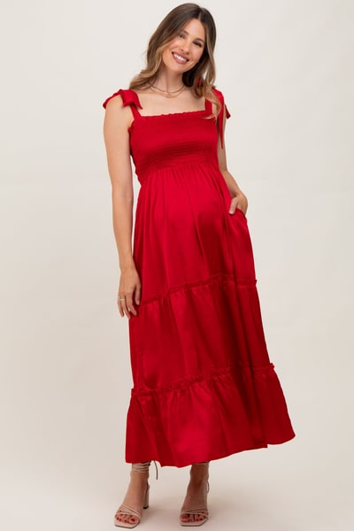 PinkBlush Red Satin Smocked Shoulder Tie Maternity Maxi Dress