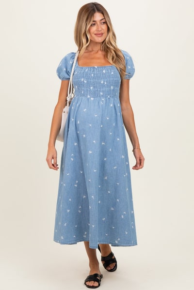 PinkBlush Chambray Embroidered Smocked Maternity Midi Dress