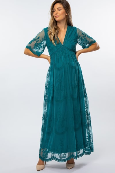 PinkBlush Teal Lace Mesh Overlay Maternity Maxi Dress