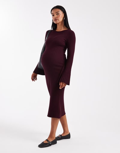 ASOS Mamalicious Maternity rib knit tie waist midi dress in burgundy