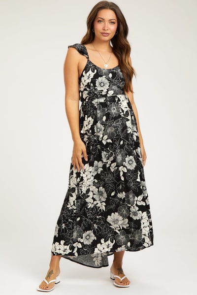 PinkBlush Black Floral Back Tie Maternity Maxi Dress