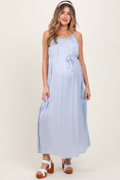 PinkBlush Light Blue Braided Neckline Maternity Maxi Dress