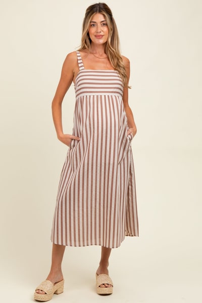 PinkBlush Mocha Striped Sleeveless Maternity Midi Dress