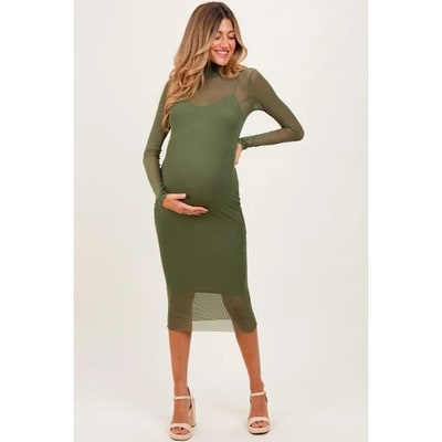 Target Pinkblush Olive Green Mesh Overlay Fitted Maternity Midi Dress Small