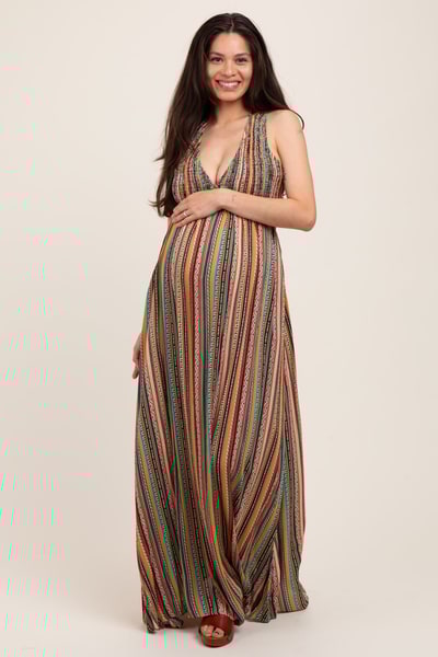 PinkBlush Multicolor Printed Halter Tie Back Cutout Maternity Maxi Dress