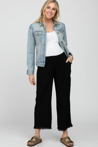 PinkBlush Black Linen Frayed Hem Crop Maternity Pants