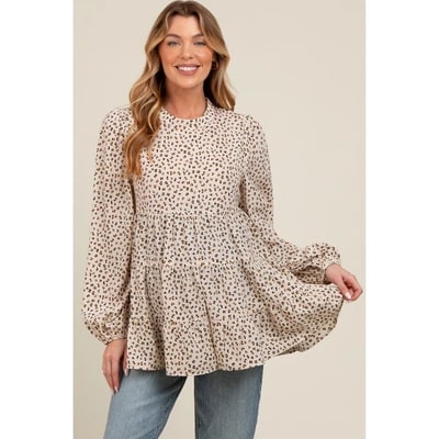 Target Pinkblush Ivory Animal Print Mock Neck Tiered Maternity Top Small