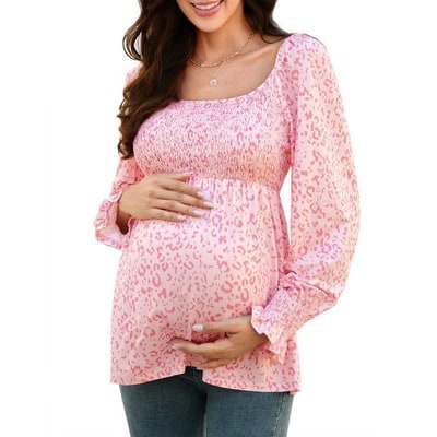 Target Coolmee Women's Maternity Shirts  Puff Long Sleeve Shirt Square Neck Casual Smocked Tunic Tops Spring Fall Clothes Small Pink Floral