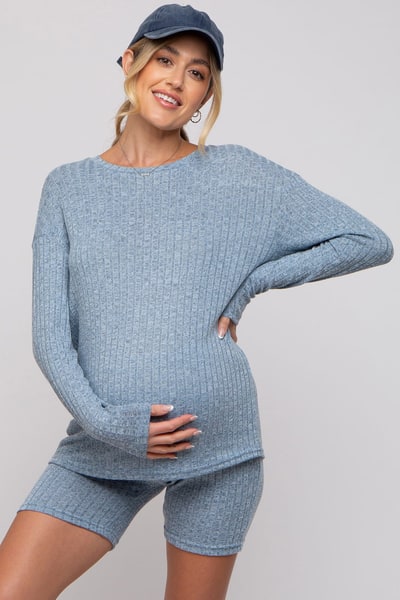 PinkBlush Blue Ribbed Long Sleeve Maternity Shorts Set