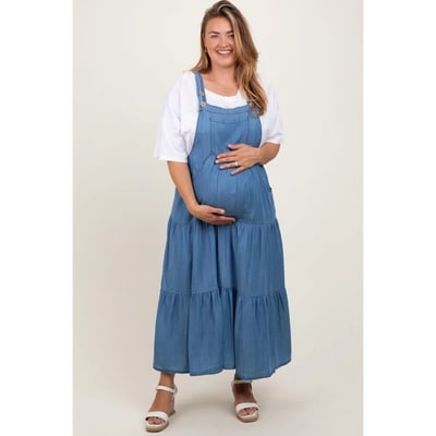 Target Pinkblush Blue Chambray Overall Tiered Maternity Plus Midi Dress 2X