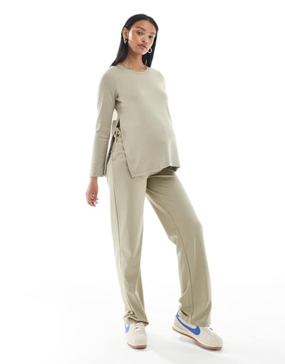 ASOS Mamalicious over the bump jersey pants in beige - part of a set
