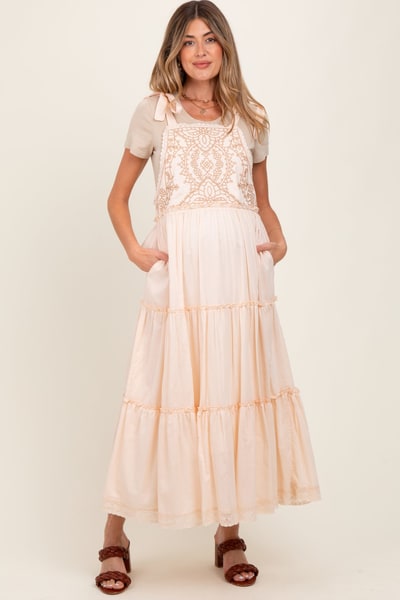 PinkBlush Cream Embroidered Ruffle Tiered Apron Maternity Dress
