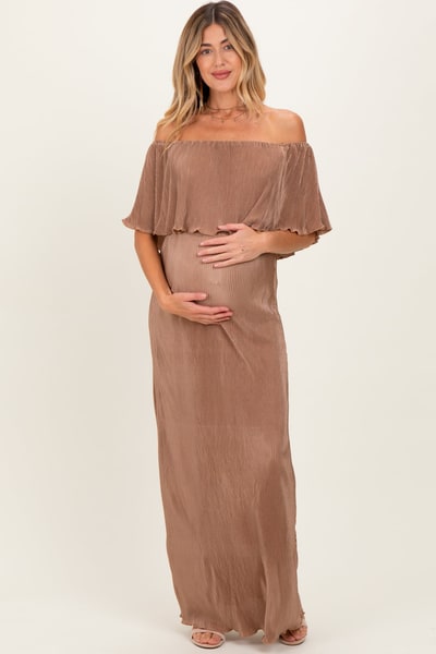 PinkBlush Mocha Pleated Ruffle Off Shoulder Maternity Maxi Dress