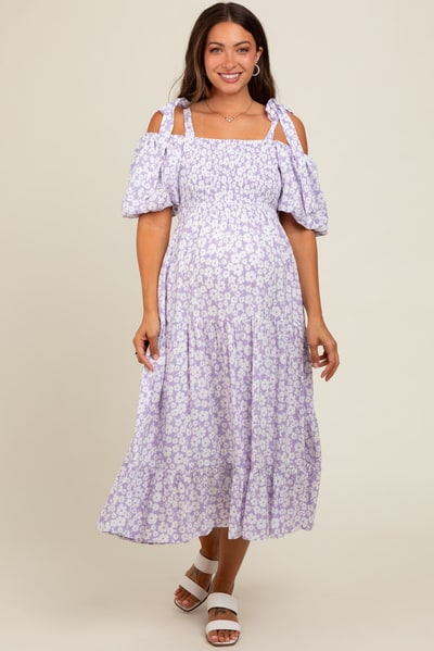 PinkBlush Lavender Floral Off Shoulder Smocked Maternity Dress