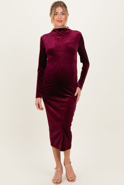 PinkBlush Burgundy Glitter Velvet Ruched Maternity Midi Dress