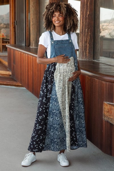 PinkBlush Blue Floral Colorblock Print Denim Contrast Maternity Dress