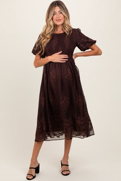 PinkBlush Brown Floral Embroidered Mesh Overlay Smocked Maternity Midi Dress