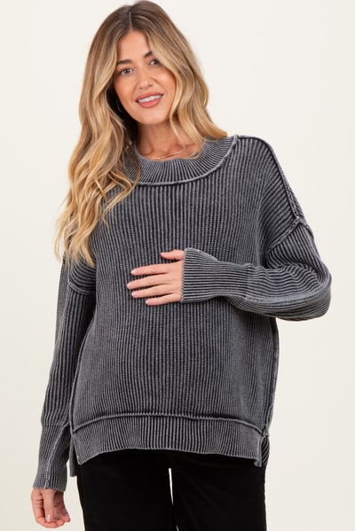 PinkBlush Black Washed Side Slit Oversized Maternity Sweater