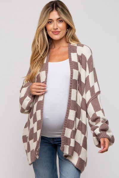 PinkBlush Taupe Checkered Print Oversized Maternity Cardigan