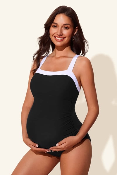 Summer Mae Maternity One-Piece Swimsuit with Retro Color Block and Ruched Sides