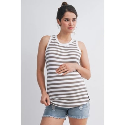 Target Hello Miz Women's Ribbed Striped Round Neck Maternity Tank Top - Mocha/White - Small