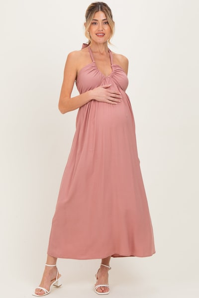 PinkBlush Mauve Halter Neck Side Slit Maternity Midi Dress