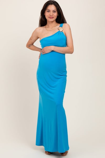 PinkBlush Blue One Shoulder Pendant Cutout Maternity Maxi Dress