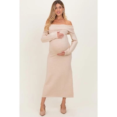 Target Pinkblush Beige Faux Pearl Detail Off Shoulder Maternity Sweater Dress Small