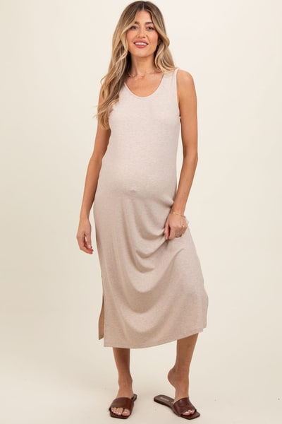 PinkBlush Beige Ribbed Sleeveless Maternity Midi Dress