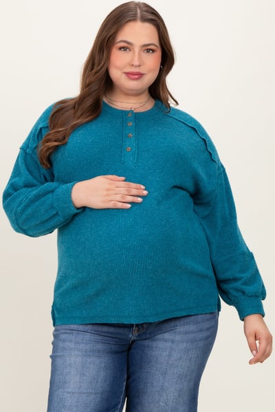 PinkBlush Teal Oversized Ribbed Knit Henley Maternity Plus Sweater
