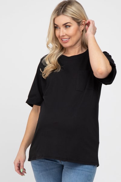 PinkBlush Black Oversized Pocket Front Short Sleeve Maternity Top