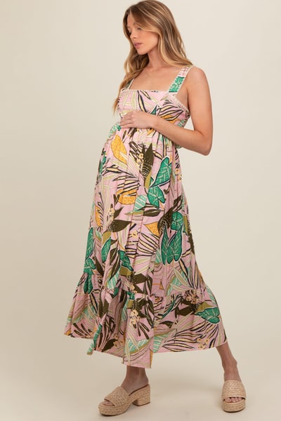 PinkBlush Light Pink Tropical Back Tie Cutout Maternity Maxi Dress