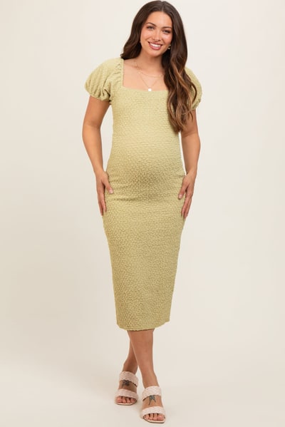 PinkBlush Lime Popcorn Textured Short Puff Sleeve Maternity Midi Dress