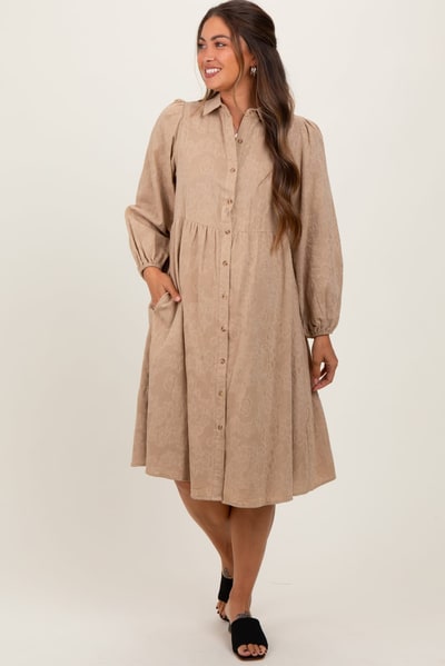 PinkBlush Camel Tiered Button Down Maternity Shirt Dress