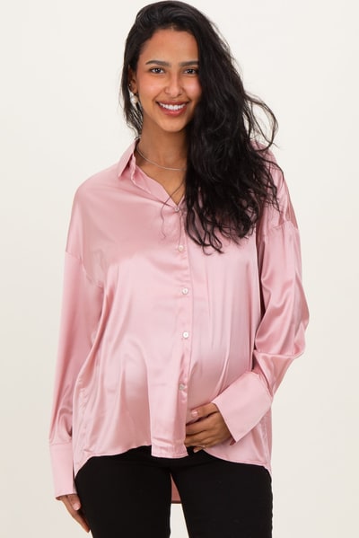 PinkBlush Blush Pink Satin Button Up Maternity Blouse