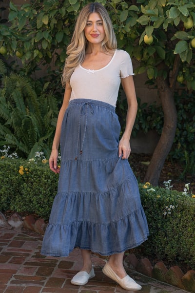 PinkBlush Blue Chambray Tiered Maternity Maxi Skirt