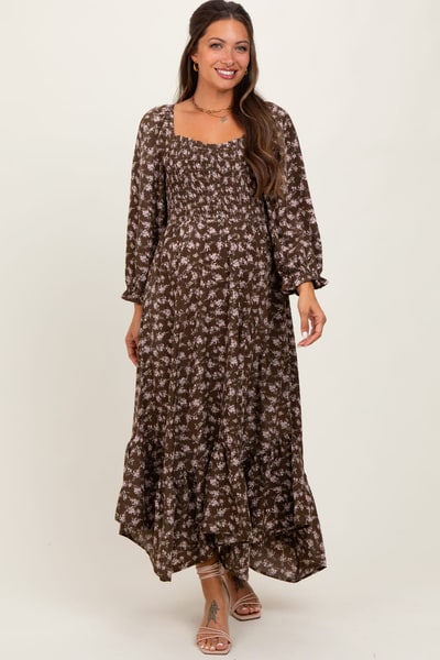 PinkBlush Brown Floral Smocked Handkerchief Hem Maternity Maxi Dress