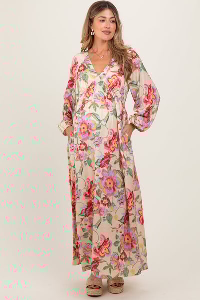 PinkBlush Beige Floral V-Neck Long Sleeve Maternity Maxi Dress