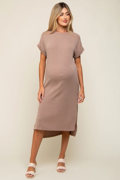 PinkBlush Mocha Ribbed Short Sleeve Maternity Midi Dress